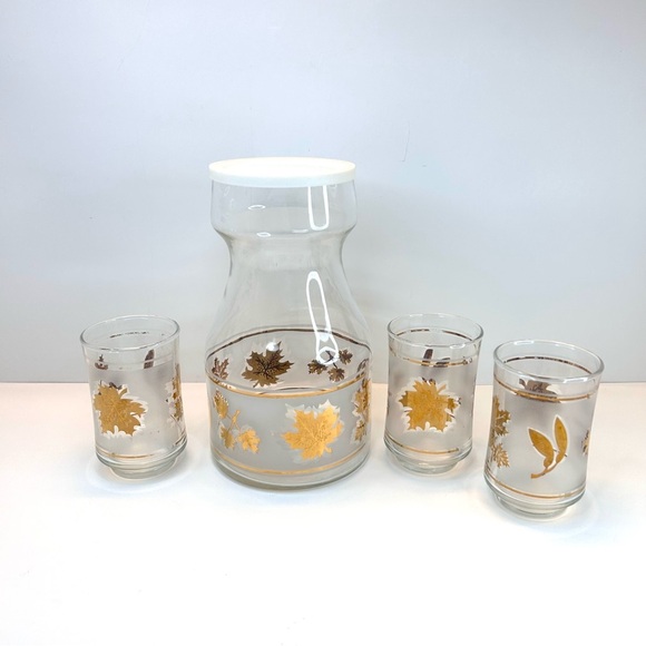 Vintage Libbey 3 Juice Glasses Gold Maple Leaf Frosted Lidded Kraft Pitcher MCM - Picture 9 of 12